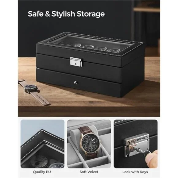 Watch Box 12-Slot Watch Case Organizer with Large Glass Lid 2 Layers